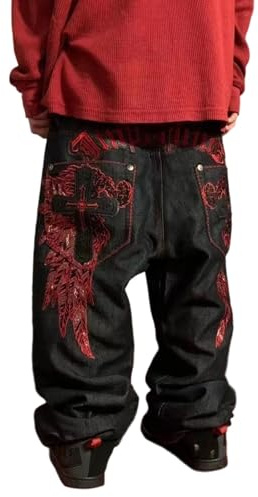 Y2K - Jean baggy pour homme - Motif tête de mort - Broderie - Jambes larges - Hip Hop - Skateboard - Denim - Vintage - Pantalon de jogging - Pantalon de rue - Pantalon de loisirs
