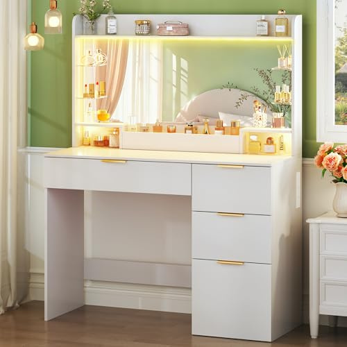 HUAHUU 35.4 Vanity Desk with Mirror and Lights, 3 Colors & 10 Brightness Levels, Vanity Desk with Large Storage & 4 Drawers, Built-in Charging Station, Makeup Vanity with Lights for Bedroom, White