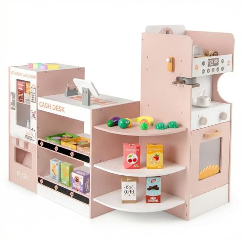 COSTWAY Pretend Play Shop, Kids Supermarket Playset with Coffee Maker, Vending Machine, Cash Register, Play Food, Wooden Role Play Grocery Store for Children Ages 3+ (Pink)