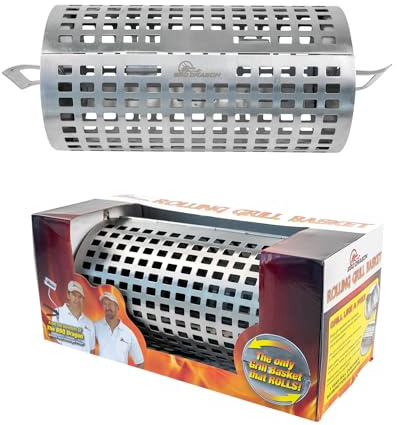BBQ Dragon Rolling Grill Basket – Large Stainless Steel with Snap-Close Lid, Dishwasher Safe for Vegetables, Fish, and Meat