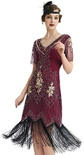 BABEYOND 1920s Kleid Damen Flapper Kleid mit Kurzem Ärmel Gatsby Motto Party Damen Kostüm Kleid (RotGold, M)