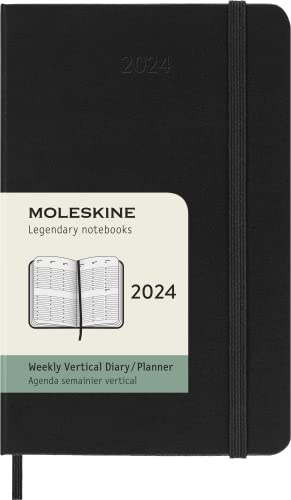 Moleskine Vertical Weekly Agenda 12 Months 2024, Agenda 2024, Size Pocket 9x14, Hard Cover and Elastic Closure, Colour Black