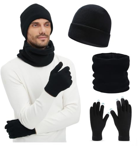 JYCY 3PCS Beanie Hat Scarf Touchscreen Gloves Set for Men and Women Winter Warm Knit Hat Fleece Lined Unisex gifts for men(black)