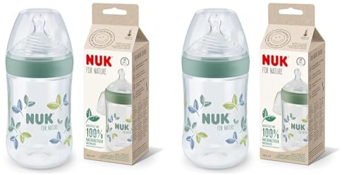 NUK for Nature Baby Bottle, Medium Teat, 260 ml, Breast-Like Sustainable Silicone Teat with Anti Colic Vent, Temperature Control, BPA-Free, Green (Pack of 2)