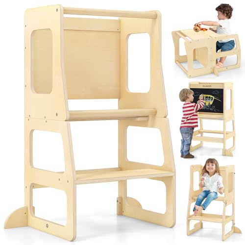 OLAKIDS Toddler Tower, 4 in 1 Foldable Kitchen Stool Learning Standing Tower with Chalkboard Removable Safety Rail, Kids Wooden Collapsible Montessori Step Stool Table and Chair Set