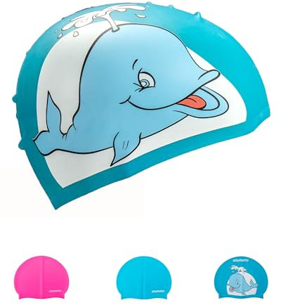 AQUAZON Premium Badekappe für Kinder, Jungen und Mädchen - extra Flexibles Silikon für angenehmes Tragegefühl - Bademütze mit UV Schutz - Badehaube inklusive Dry Bag