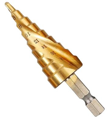 Broca escalonada [Ø 4-20 mm], ranura en espiral, juego de brocas escalonadas, soporte de brocas, broca cónica, broca cónica, para metal, acero, metal blando, madera, plásticos