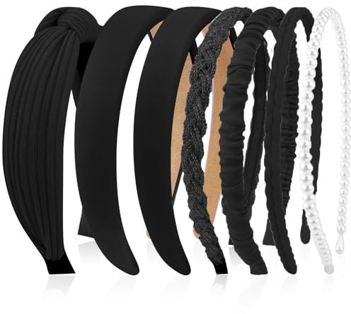 Kotkiddy 7 pezzi Set di cerchietti da donna, vari modelli, cerchietti con perle, fascia in plastica, cerchietti per capelli, fascia per capelli per ragazze e donne (Nero)