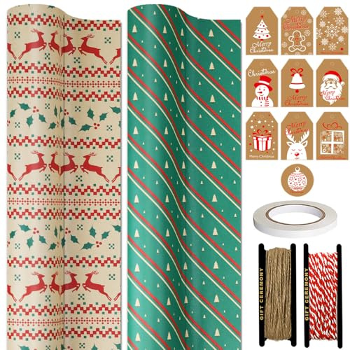 FullJoyHut 2 Rotoli di Carta Regalo Natalizio Kraft Riciclabile - 43cm x 15M per Rotolo, Carta da Regalo Vintage Renna Verde con Etichette, Corda e Nastro per Confezione Regalo di Natale
