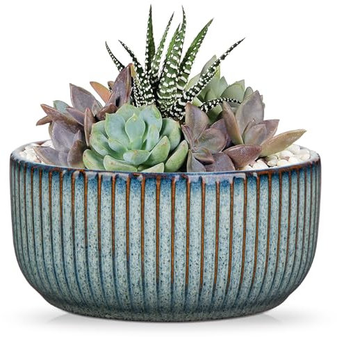 Oairse Keramik Gerippter Übertopf,Bonsai Keramiktopf mit Drainageloch-Untersetzern für Zimmerpflanzen, Retro-Dekoration für Gartenbehälter-Sets im Freien, Blau, Durchmesser Öffnung 14cm