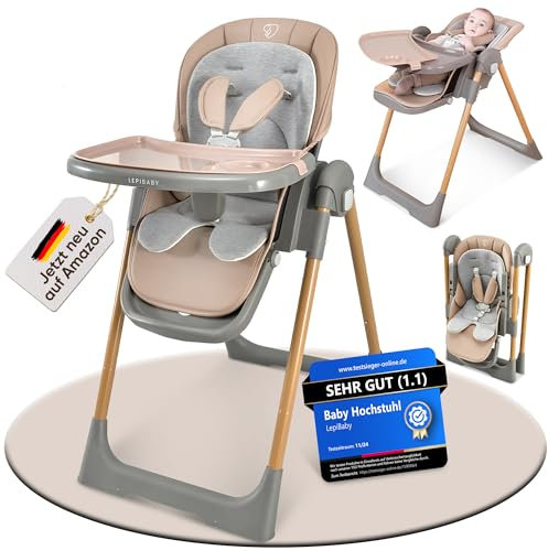 LepiBaby FlexiCo Hochstuhl Baby mit Liegefunktion & Neugeborenenaufsatz, Klappbar & Höhenverstellbar | Kinderstuhl Kinderhochstuhl Babystuhl | Mitwachsend Kinder ab Geburt, 1-3 Jahre | Beige
