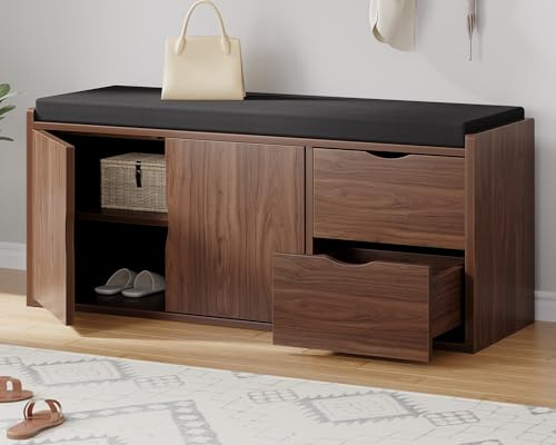 LVB Panca portaoggetti da ingresso da 101,6 cm con cuscino imbottito, panca organizer per scarpe nascosta in legno con 2 cassetti, panca industriale per ingresso, soggiorno, camera da letto, rovere