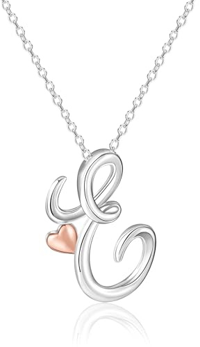 Mesovor Collana con Iniziale in Argento per Donna, Gioielli Placcati in Argento Sterling | Collana con Ciondolo con Nome Lettera Classica con Cuore in Oro Rosa, Catena da 20 Pollici (Lettera-E)