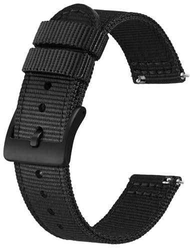 BISONSTRAP Men’s Nylon Watch Bands, Two-Piece Military Watch Straps, Quick Release, Brushed Buckle, 20mm, Black (Black Buckle)