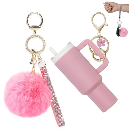 YOU WIZV Mini Stanley Cup Keychain, Mini Tumbler Keychain Chapstick Holder, Cute Cup Key Charms for Women Girls Bag Purse Handbag Backpack（Pink）