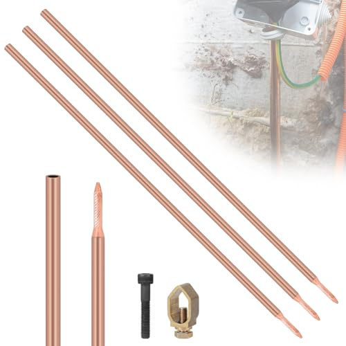 EFUTURETIME 3 x Tige de Terre 1 m Tiges de Sol φ17,2 mm en Acier au Carbone, Revêtement en Cuivre Rouge de 0,2 mm Ground Rod avec Pince et Boulon d'Entraînement