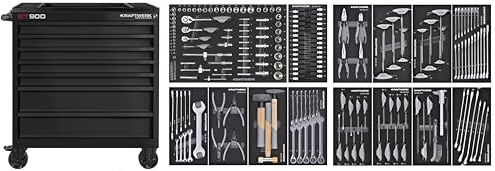 KRAFTWERK Werkstattwagen Made in Germany extra breit | Werkzeugwagen bestückt mit 211 Profi-Werkzeugen | Werkstattwagen XXL mit Kippschutz | Schwarz