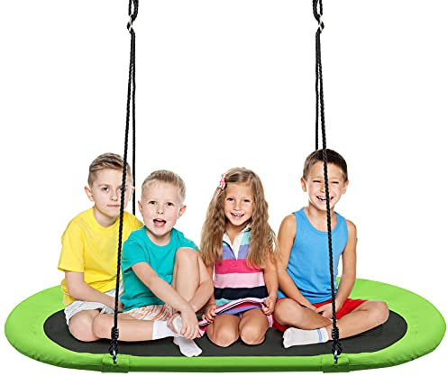 GYMAX Kids Nest Swing, Children Oval Swing with Height Adjustable Hanging Ropes, Indoor Outdoor Tree Swing for Playground Garden Backyard, Holds Up to 150kg (Green, 150x80x100-160cm)