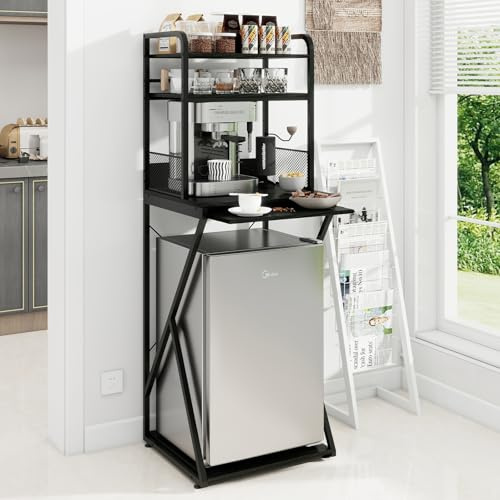 PUNCIA 4-Tier Mini Fridge Stand with Power Outlet and Storage – Free Standing Refrigerator Cabinet Coffee Bar Organizer Microwave Oven Shelf Bakers Rack for Home Office Dorm Pantry Kitchen Apartment