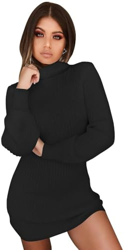 XFSRG Maniche Lunghe Vestiti Donna Elegante Abito Sexy Collo Alto Vestito Elasticizzato Casual Tubino in Maglia Autunno e Inverno(Nero/L)