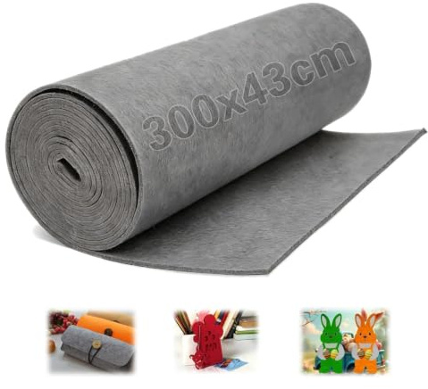 Ecitruz filttyg grå, filt metervara 300 × 43 cm, filt 3 mm tjock, filtrulle filtmattor för att skära ihop pysselfilt polyester för gör-det-själv pyssel förvaringsväska filtunderlägg lapptäcke