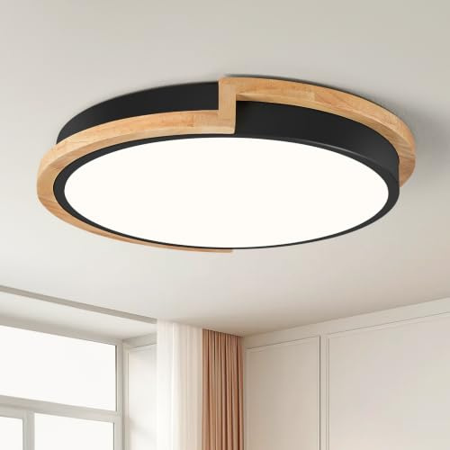 JZEKVN LED Deckenleuchte, Schwarz 30cm, 24W Lampe Holz | LED Deckenleuchte, Schwarz Deckenlampe 30cm, 24W Lampe mit Holz für Schlafzimmer Wohnzimmer Küche Flur Esszimmer 4000K