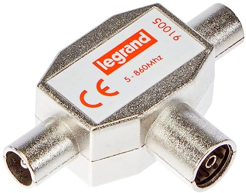 LEGRAND, Antennen-Verteiler Ø9,52mm, T-Kupplung, Zweigeräte-Verteiler, Standardverteiler für TV, TV-Splitter 2-fach, 2 TV-Ausgänge (männlich) und 1 TV-Eingang (weiblich), 091005