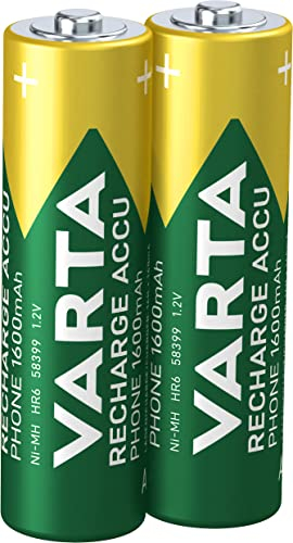 VARTA Batterien AA, wiederaufladbar, 2 Stück, Recharge Accu Phone, Akku, 1600 mAh Ni-MH, sofort einsatzbereit, geeignet für schnurlose Telefone