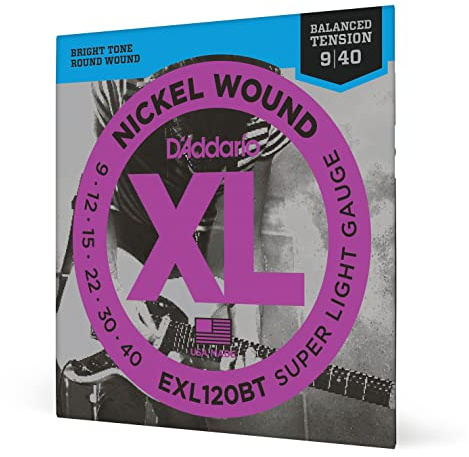 D'Addario Gitarrsträngar - XL Nickel Strings för elgitarr - EXL120BT - Perfekt intonation, jämn känsla, pålitlig hållbarhet - För 6-strängade gitarrer - 09-40 Super Light Balanced Tension