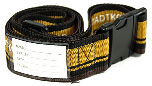 HAUPTSTADTKOFFER – Gepäckgurt mit Adressfeld | Verstellbarer Koffergurt mit Steck-Klippverschluss I Gepäckband mit Adressfeld für Koffer, Taschen, Rucksäcke, längenverstellbar von 100 auf 200 cm I Gelb/Braun