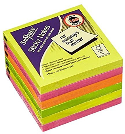 Snopake Neon Assorted Sticky Notes, 100 Sheets per Pad 13527, 76 x 76 mm (Pack of 6)