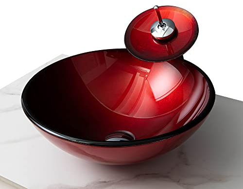 HomeLava Lavabo Vasque en Verre Trempé Rouge, avec Robinet Cascade à poser la salle de bain