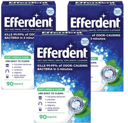 Efferdent Retainer Cleaning Tablets, Denture Cleaning Tablets for Dental Appliances, Minty Fresh & Clean, 90 Count. (Pack of 3)