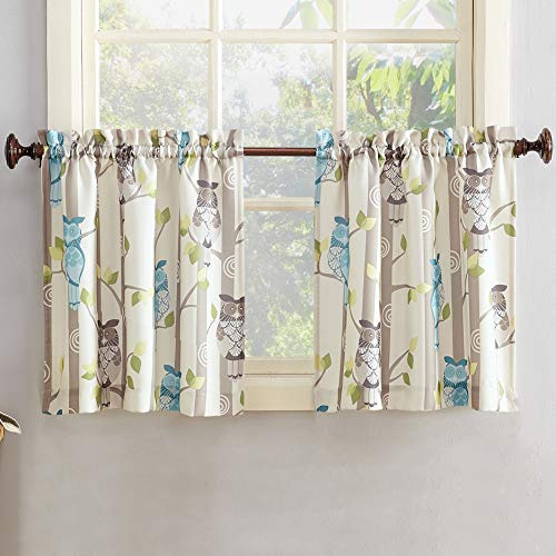 No. 918 Hoot Owl Print Semi-Sheer Rod Pocket Kitchen Curtain Tier Pair, 56 x 24, Mocha