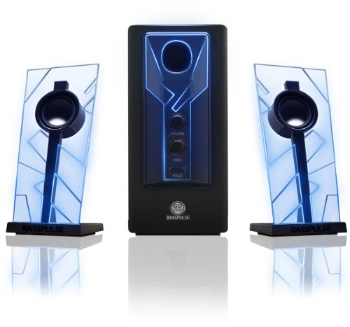 GOgroove 2.1 Soundsystem Computer Lautsprecher PC mit LED Effekt Desktop PC Lautsprecher 2.1 Anlage mit Subwoofer und blauen LED Highlights, Perfekt Geeignet für Stereo Gaming an Ihrem Computer - Blau
