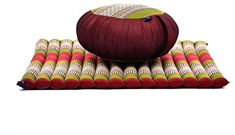 Leewadee set de meditación – Cojín de yoga Zafu y colchoneta de meditación Zabuton, asiento tailandés de kapok hecho a mano, set de 2, Verde Rojo