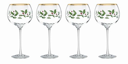 Lenox Drinkware, Holiday 4-Piece Wine Balloon Glass Set, Set Of 4, 14 Fl Oz Capacity, Made From Glass, Festive Red Christmas Design, Hand Wash Only, Christmas Decorations, Winter Decor (4 Piece)