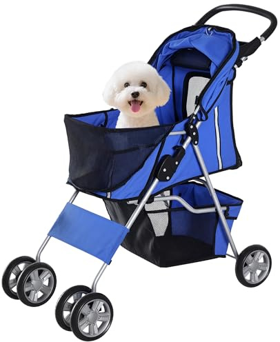 PawHut Cochecito Plegable Mascotas Carrito para Perros Gatos con Cuatro Ruedas Cesta de Almacenaje Ventanas y Portavasos Tela Oxford Marco de Acero 75x45x97 cm Azul
