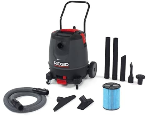 RIDGID 50338 1650RV Motor-on-Bottom Wet Dry Vacuum, 16-Gallon Shop Vacuum with Cart, 6.5 Peak HP Motor, Large Wheels, Pro Hose, Drain, Blower Port Red