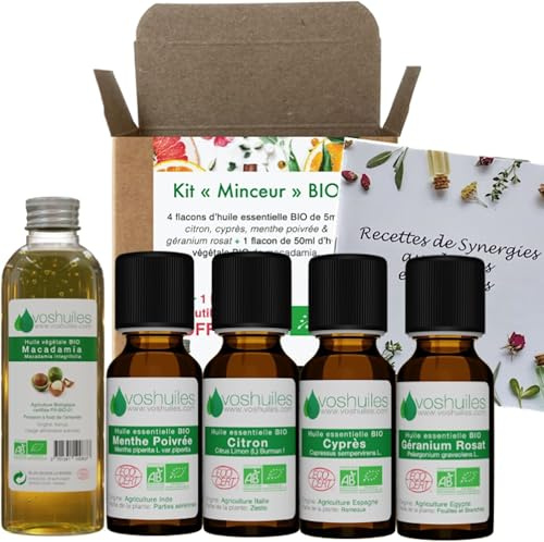 VOSHUILES - Huiles Essentielles Kit Minceur Citron Cyprès Menthe Poivrée Géranium Rosat Macadamia 100% Pure Naturelle BIO Massage 4x5ml 1x50ml HEBBD Ecocert