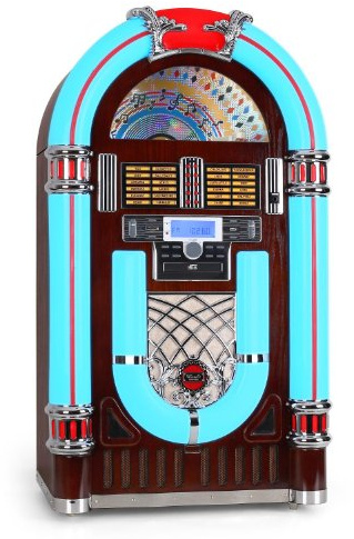 Majestic JB 3710N TT CD USB SD - Juke box con giradischi 33/45/78 giri, lettore CD/Mp3, Radio PLL, Ingressi USB/SD recorder, illuminazione multicolor, Legno