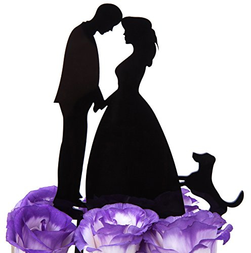 LOVENJOY Topper Torta Matrimoniale Silhouette Sposi con Cane Cake Topper Matrimonio, Confezione Regalo