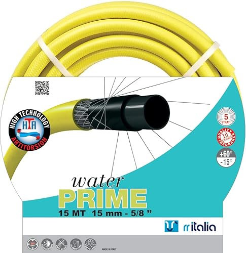 RR ITALIA WATER PRIME | Tubo Acqua Giardino Flessibile, Antinodo, Antitorsione, Antialga per Irrigazione e Uso Domestico, Tubo da Giardino Giallo, 5/8” (15 mm) - 15 Metri, Pressione Max 24 Bar