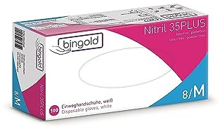 Engångshandskar av nitril, 35PLUS, vit, 100-pack, storlek M | Puderfria engångshandskar med mikrotexturerade fingertoppar, 240 mm långa, för medicin, hygien och mat.