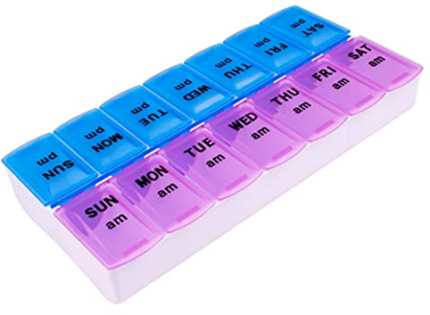 Apex Weekly AM/PM Medication Dispenser, 7-Day Twice-A-Day Pill Organizer with Easy-Open Lids (Color May Vary)