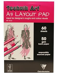 Clairefontaine - Ref XPL3Z - Technik Art - Original Layout Pad, Top Bound, A3, 50gsm Semi-Transparent Blank Paper, 60 Sheets - Suitable for Designers to Create Rough Colour Visuals