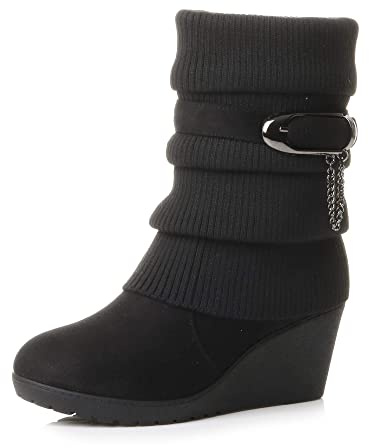 Ajvani Femmes Talon Haut compensé tricoté Hiver Mollet Bottines Pointure 8 41,Noir