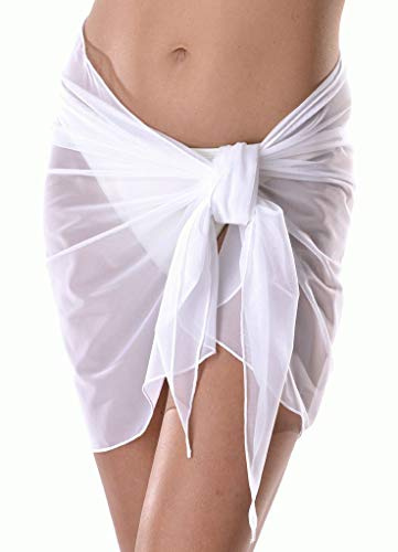 Mesh Cover Up Sarong Wrap with Easy Wearing Built in Ties Sheer Cover With Stretch for Women Made in USA, White