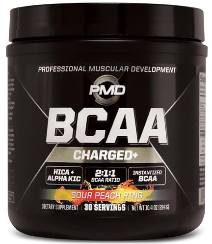 PMD Sports BCAA Charged Delicious Amino Acid Drink Mix for Performance and Recovery - Increase Muscle Function for Workout and Daily Energy - Sour Peach Ring (30 Servings)