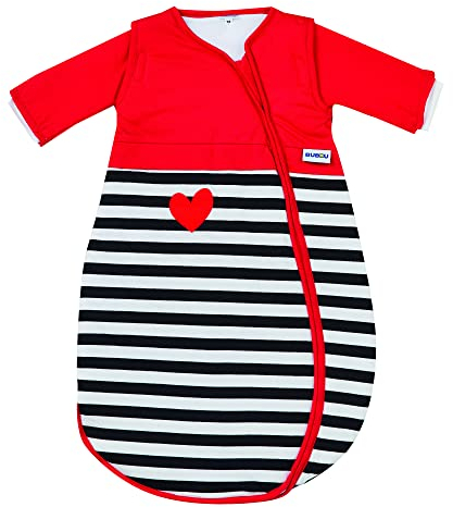 Gesslein Baby Schlafsack Bubou, Schlafsack mit Temperaturregulierung (langer Reißverschluss, 110), schwarz-weiß Streifen rot mit Herz Motiv